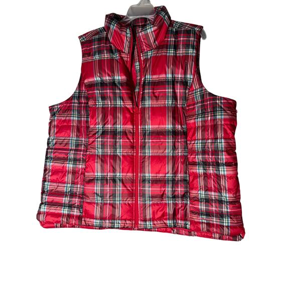 Lands End Down Puffer Vest 1X Red Plaid Tartan - Picture 1 of 4